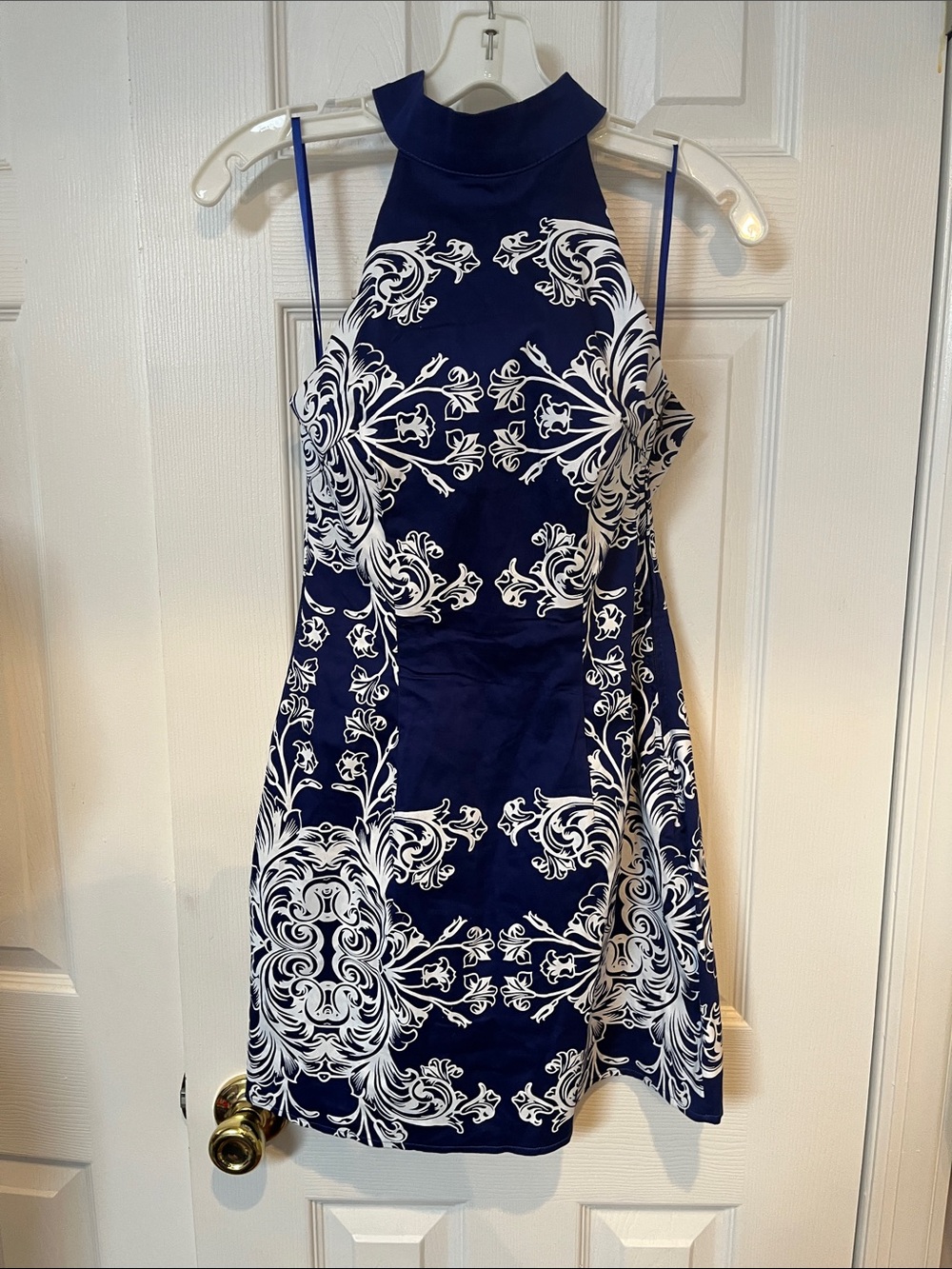 Navy Blue & White Floral Halter Dress 8